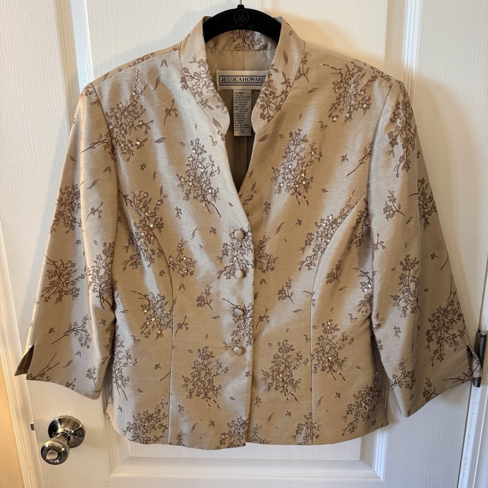 Womens Jessica Howard Suit Jacket Classy Beaded‎ Iredescent Beige Size 10